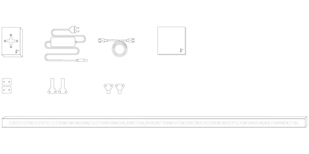 Abbildung des gesamten Lieferumfangs einer Zeitmeter-Uhr. Oben links ist ein rechteckiger Steuerkasten mit Kreuztasten und da Logo Z+ M zu sehen. Daneben befinden sich ein Netzteil mit Stromkabel, ein Verbindungskabel und ein Mikrofasertuch mit Z+ M Logo. Unten sind verschiedene Adapter und Montageteile dargestellt. Ganz unten im Bild liegt eine längliche, rechteckige Uhr mit einer Wortmatrix auf der Vorderseite, auf der Wörter wie "ES", "IST", "DREIVIERTEL", "ZEHN", "UHR" usw. zu lesen sind.